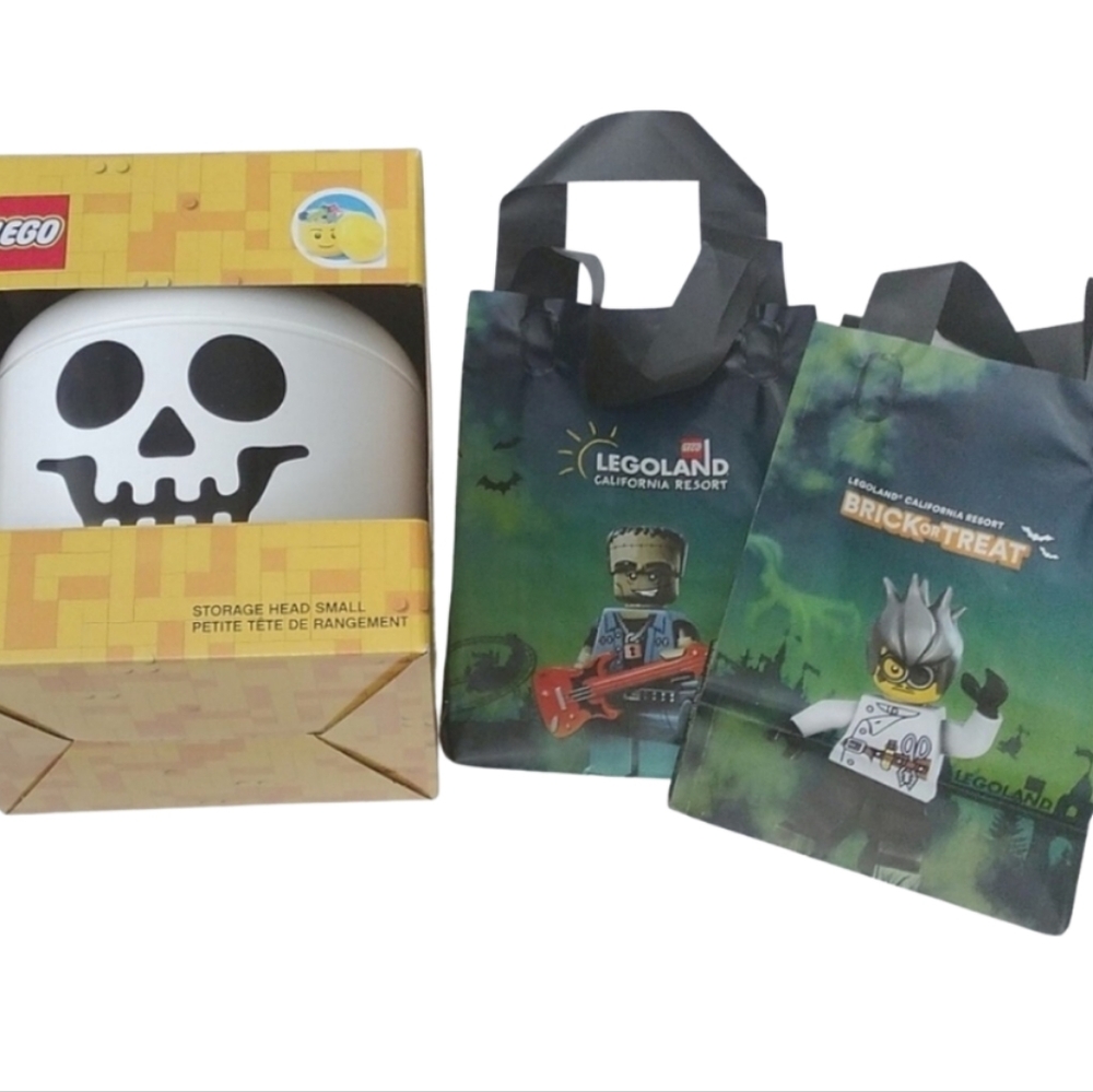 Lego Skeleton Small Storage Head Container & 2 Legoland CA Brick or Trea…